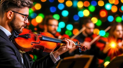 Fototapeta premium Musician Playing Violin in Front of Colorful Bokeh Lighting Effects