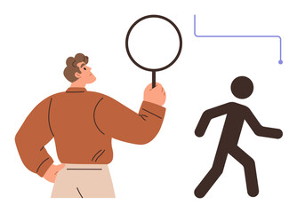Individual holding a magnifying glass focusing on a walking figure, suggesting observation and pursuit. Ideal for investigation, research, scrutiny, detection, analytics, monitoring, problem-solving