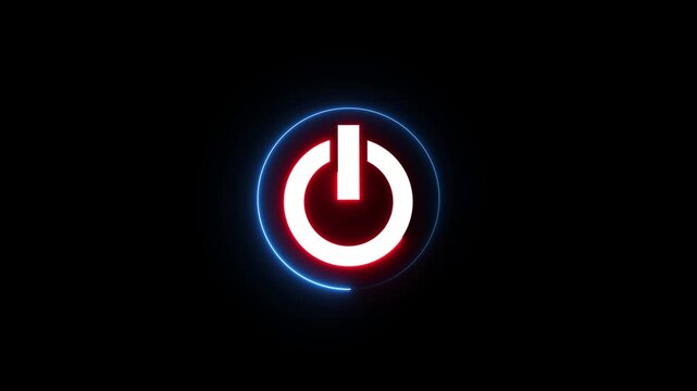 Neon power button icon animation. Glowing power button sign motion on black background. turn on off button switch stop start computer high resolution video footage.