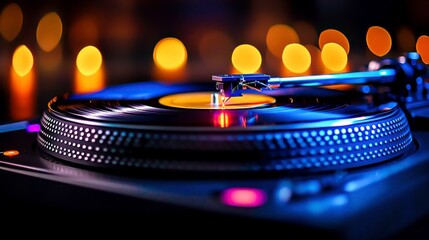Vintage Turntable with Vinyl Record and Soft Glowing Candle Lights Background