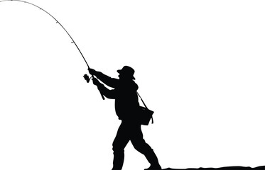 Obraz premium Silhouette of a determined angler casting a fishing rod with a bent pole against a bright sky.