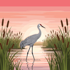 Obraz premium Serene wildlife illustration of a sandhill crane standing in a marsh with cattails during a beautiful pink and orange sunset.