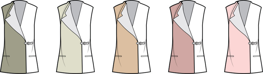 Fashion Illustration of Modern Women's Sleeveless Blazers in Various Colors and Styles