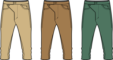Vector illustration set of three pairs of trousers in different colors, side view, isolated