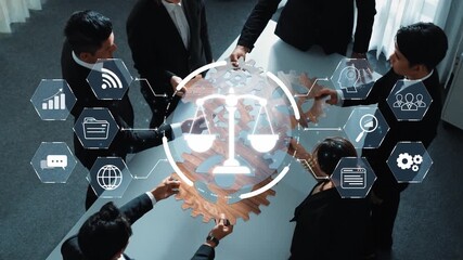 A group of professionals engage in a business meeting, showcasing a technology interface with a balance scale and icons symbolizing law, communication, and collaboration. Raster - Powered by Adobe