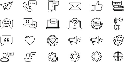 A comprehensive, black and white vector icon collection focused on modern communication, social media interaction, messaging, customer support, and online engagement strategies.