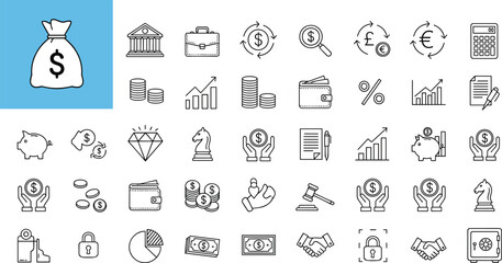 A comprehensive vector line icon set representing finance, banking, currency exchange, investment, economics, legal, and business concepts for modern digital applications and interfaces.