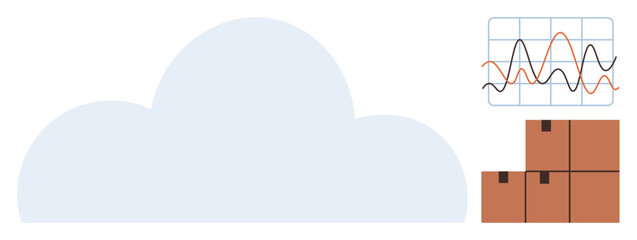 Simplified cloud connected to a graph and shipping boxes, symbolizing storage, data trends, and logistics. Ideal for technology, supply chain, analytics, innovation, networking efficiency digital