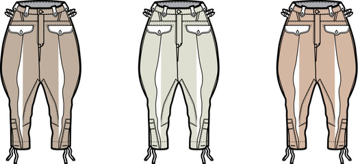 Illustration of Three Equestrian Breeches in Varying Colors, Isolated on a White Background