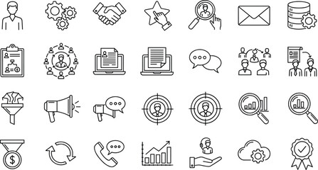 A detailed vector line icon set representing human resources, customer relationship management, digital marketing, business development, hiring, and strategic communication concepts.