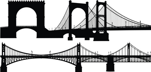 Bridge silhouettes, architectural structures, suspension design, truss engineering, civil construction, skyline elements, black outline, infrastructure, urban design, iconic bridges