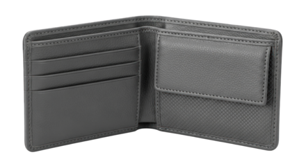 Open Black Leather Bifold Wallet with Multiple Card Slots and Coin Pocket.