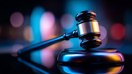 Judge&rsquo;s gavel on desk with dramatic bokeh lighting, symbolizing law, justice, legal authority, decision making, courtroom proceedings and judicial power