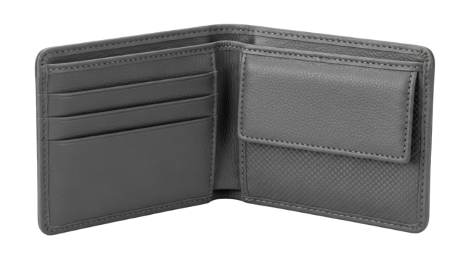 Open Black Leather Bifold Wallet with Multiple Card Slots and Coin Pocket.