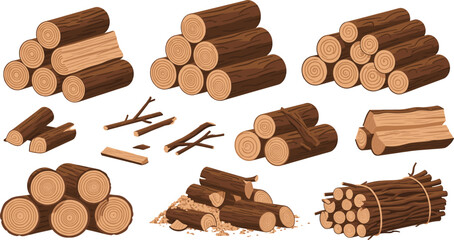 Vector Illustration Set of Wooden Logs and Firewood Stacks: Featuring Cut Timber, Branches, Sawdust, and Bundled Wood, Ideal for Forestry, Camping, and Winter Fuel Designs