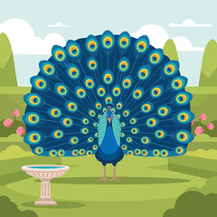 Magnificent peacock displaying its large, vibrant tail feathers with iridescent blue and green eye spots in a beautiful garden setting.