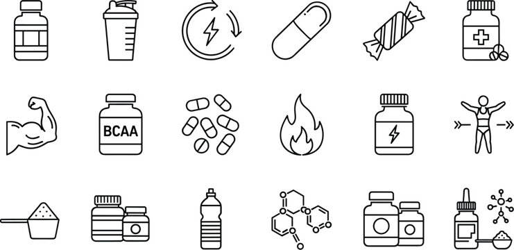 Essential vector line icon collection for sports nutrition, fitness supplements, bodybuilding, energy-boosting products, vitamins, and health industry concepts on a clean background.