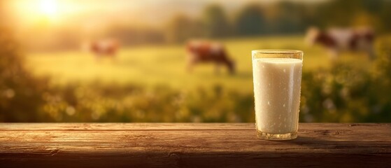 The glass of milk on a rustic wooden table with cows grazing at sunrise