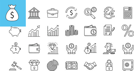 Essential vector line icons for global finance, investment, banking services, business economics, currency exchange, savings, and legal concepts for web and app design interfaces.