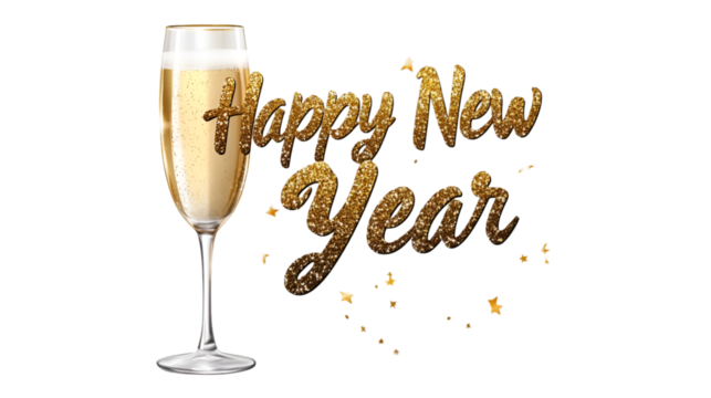 Festive happy new year celebration with champagne glass and golden confetti