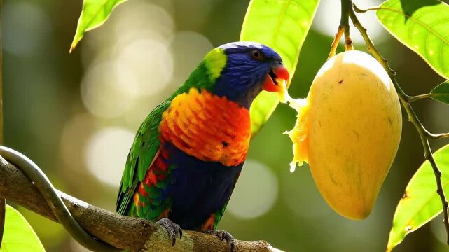 Colorful Parrot and Ripe Mango: A vibrant lorikeet parrot perches on a branch, its colorful plumage and vibrant presence enhanced by the contrast of a ripe, juicy mango.