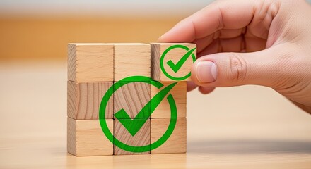 Achieving success with building blocks and a positive checkmark, symbolizing complete agreement and approval, perfect for business success stories