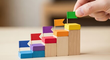 Achieving goals with colorful blocks representing success and reaching the top, a symbol of strategy, ambition, and motivation for business growth