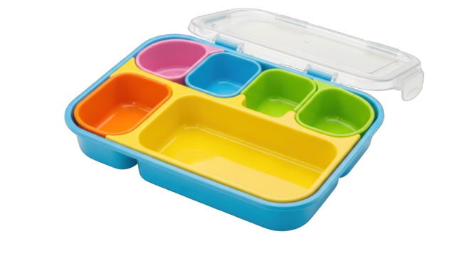 Colorful Bento Box with Multiple Compartments and Clear Lid.