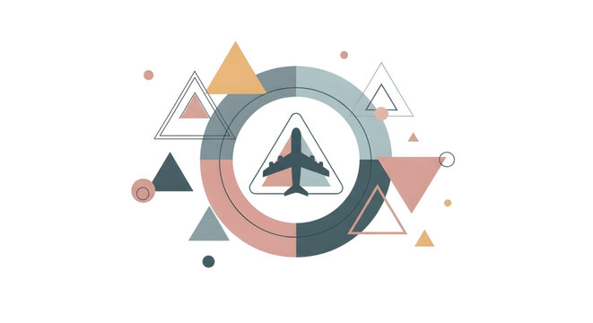 Modern travel concept design featuring airplane icon and geometric shapes, perfect for flight promotions, booking websites, and adventure travel blogs