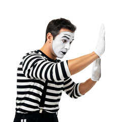 Mime Artist Performing Invisible Wall Act, Creative Mime Performance, Expressive Mime, Silent Theatre Artist, Talented Performer, Isolated on transparent background, png