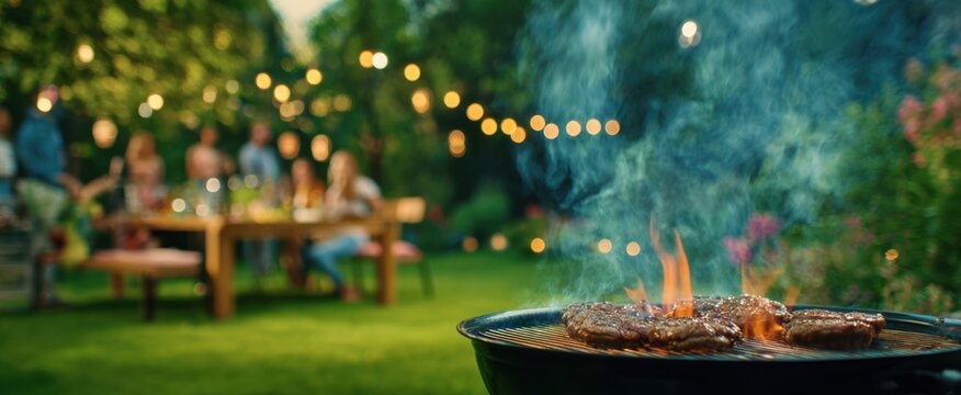 The grill with sizzling steaks and flames at a backyard summer evening party