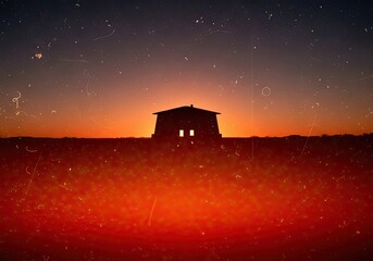 Stunning silhouette of a cozy home at sunset under a starry sky, perfect for rural lifestyle, vacation rentals, or peaceful getaway concepts