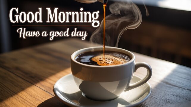 Freshly brewed morning coffee being poured into a steaming cup