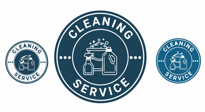 Cleaning Service vector logo badge or circular icon with supplies on white background