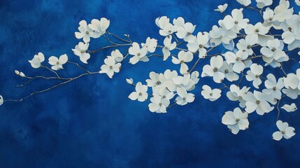 Flowering dogwood tree, distinctive white bracts, set against a deep blue spring sky, artistic composition