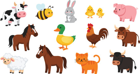 Cute Cartoon Farm Animal Vector Collection: Adorable Flat Illustrations of Cow, Pig, Horse, Sheep, Chicken, Duck, Cat, and Bee, Perfect for Children's Educational Designs