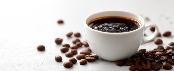 Fototapeta premium The Coffee Cup on White Surface with Scattered Coffee Beans