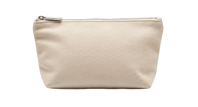 Small beige cosmetic bag with zipper isolated on white background.