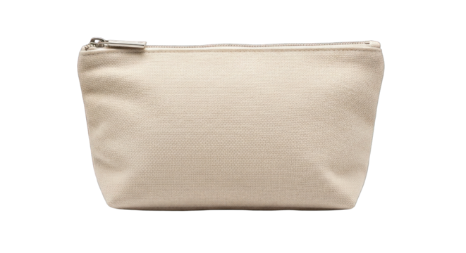 Small beige cosmetic bag with zipper isolated on white background.