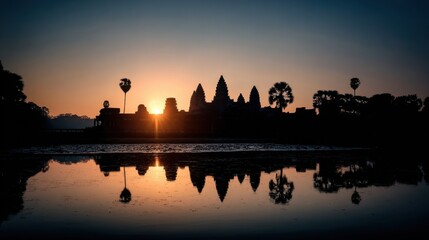 Obraz premium Majestic Sunrise Over Ancient Temple Silhouette with Reflective Water in Siem Reap, Cambodia