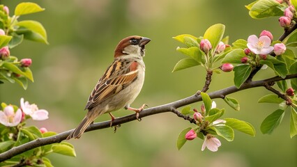 Sparrow in Serene Spring Setting with Blossoms and Green Foliage