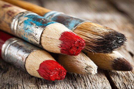 Dirty paint brushes with bright colors on rustic wooden surface - Powered by Adobe