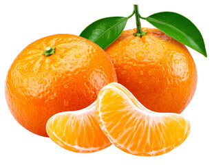 Two Fresh Mandarins with Green Leaves and Peeled Segments, Front View, Isolated on Transparent Background