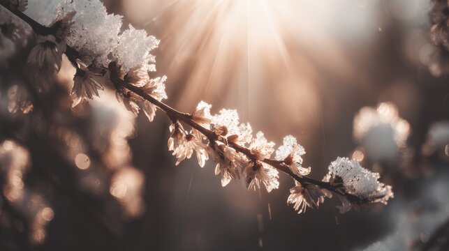 Delicate Snow-Covered Flowers Glimmering Under Soft Sunlight in a Winter Landscape with Frosty Bokeh Effect