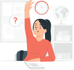 Student raising hand in classroom with globe and clock school education