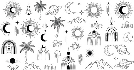 Large Mystical Celestial Line Art Vector Set: Boho Icons of Sun, Moon, Planet, Rainbow, Palm Tree, and Mountain Symbols for Esoteric, Magical, and Spiritual Decoration Designs