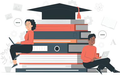 Obraz premium Students Learning Online With Stack Of Books education technology