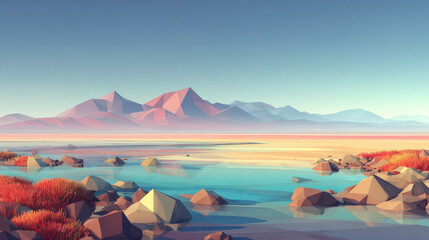 Low poly landscape, geometric mountain, colorful, blue water, pink sky, tranquil scene