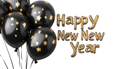 Festive happy new year celebration with black balloons and golden text