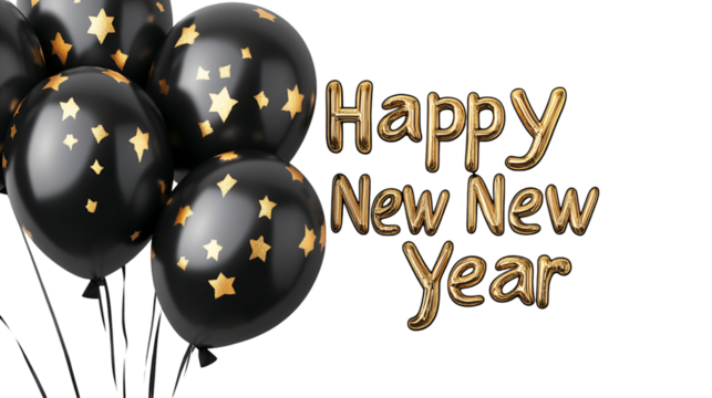 Festive happy new year celebration with black balloons and golden text - Powered by Adobe